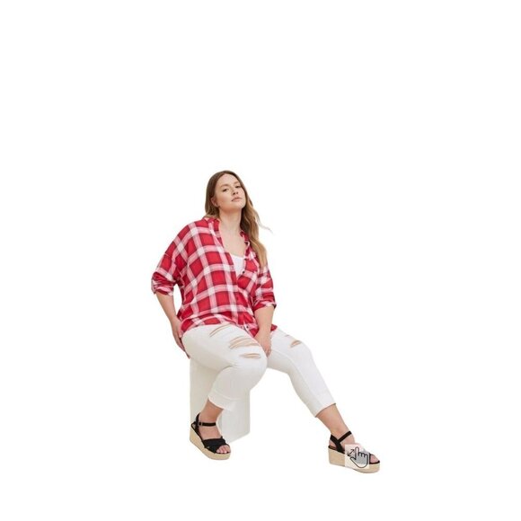 Torrid Long Sleeve Red Pink Plaid 3/4 Roll Tab Sleeves Button Down 3XL - Picture 3 of 10
